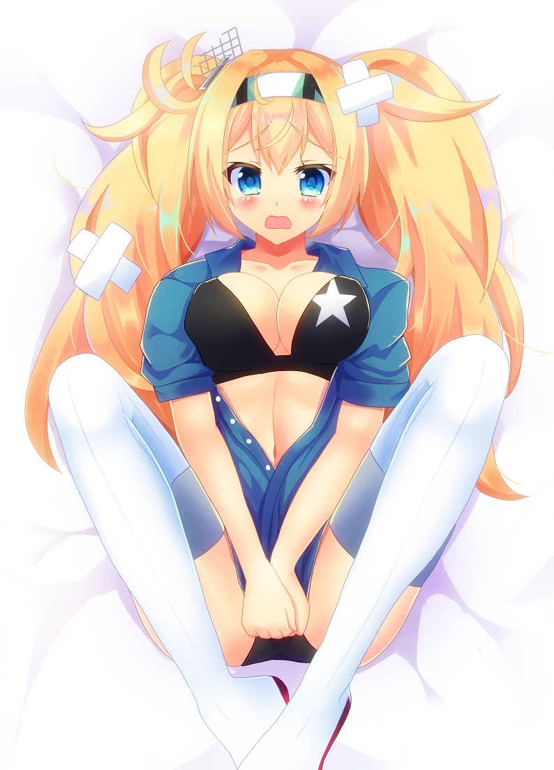 1girl, bandages, black_bra, black_panties, blonde_hair, blue_eyes, blue_shirt, bra