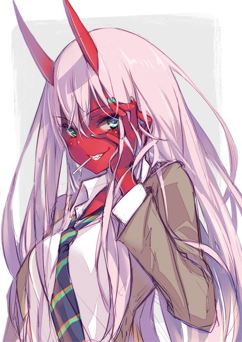 10s, 1girl, blue_neckwear, collared_shirt, colored_skin, commentary_request, darling_in_the_franxx, female_focus