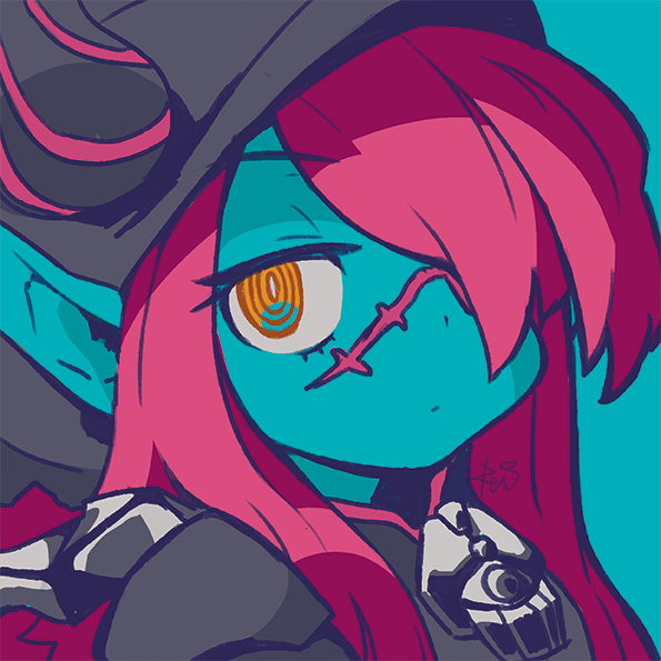 1girl, bad_id, bad_twitter_id, black_hat, blue_background, blue_skin, bright_pupils, closed_mouth