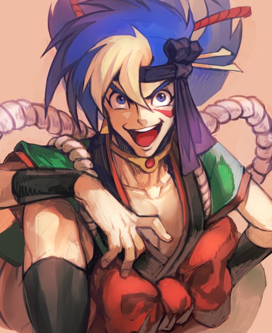 1boy, :d, black_socks, blue_eyes, blue_hair, bow, facial_mark, headband, hungry_clicker, japanese_clothes, kabuki_danjirou, looking_at_viewer, male_focus, multicolored_hair, open_mouth, pink_background, red_bow, sanpaku, simple_background, smile, socks, solo, tengai_makyou, v-shaped_eyebrows, wristband