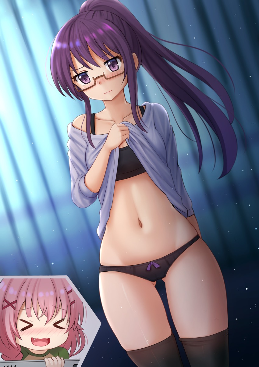 >_<, 10s, 1girl, 2girls, :d, :s, age_difference, black_bra