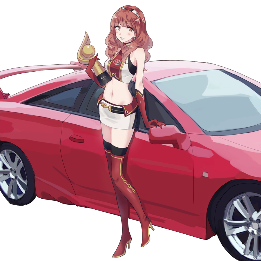 1girl, adapted_costume, boots, car, celica_(fire_emblem), female_focus, fire_emblem, fire_emblem_echoes:_shadows_of_valentia, full_body, gloves, hairband, high_heel_boots, high_heels, jewelry, long_hair, looking_at_viewer, midriff, miniskirt, motor_vehicle, name_connection, navel, nintendo, noii, object_namesake, pencil_skirt, race_queen, racing, red_boots, red_eyes, red_hair, skirt, smile, solo, standing, thigh_boots, thighhighs, toyota, toyota_celica, toyota_celica_t230, transparent_background, trophy