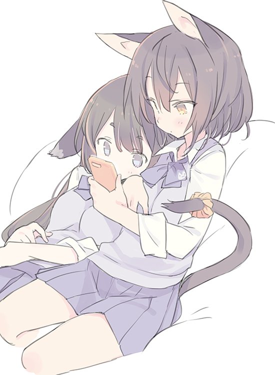 2girls, animal_ears, blade_(galaxist), blue_bow, blue_eyes, blue_skirt, blush, bow