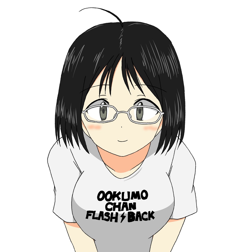 1girl, artist_request, female_focus, glasses, ookumo-chan_flashback, short_hair, solo, suzuki_oya