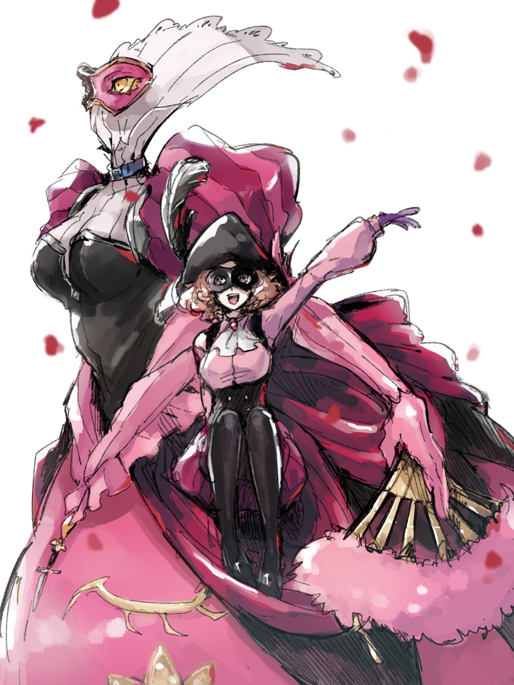 10s, 2girls, hand_fan, feathers, hat, hat_feather, highres, holding, holding_fan, light_background, mask, milady_(persona_5), multiple_girls, noir_(persona_5), okumura_haru, open_mouth, persona, persona_5, short_hair, simple_background, sitting, smile, white_background