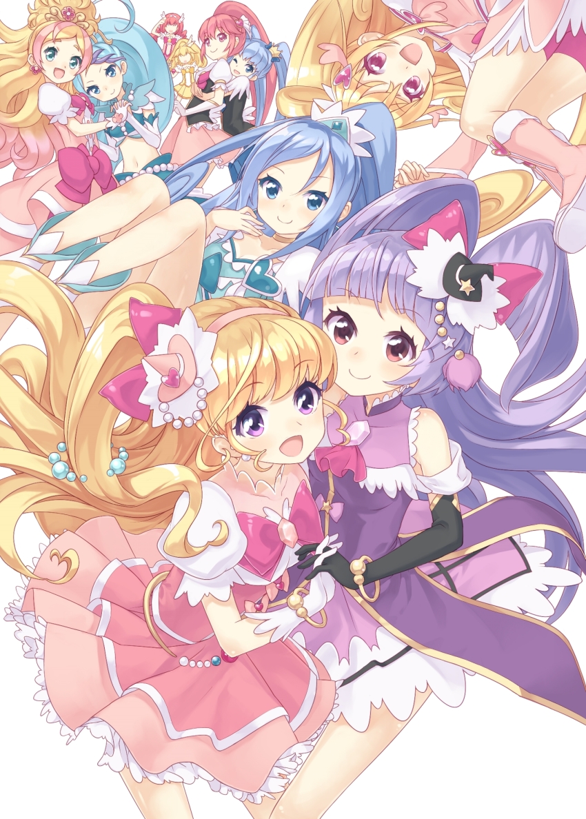 ahoge, aida_mana, aino_megumi, black_outerwear, black_vest, blonde_hair, blue_hair, blue_outfit, blue_skirt, body_piercings, boots, buntan, cure_diamond, cure_flora, cure_happy, cure_heart, cure_lovely, cure_mermaid, cure_peace, cure_princess, dokidoki!_precure, dress, earrings, go!_princess_precure, holding_hands, happinesscharge_precure!, haruno_haruka, streaked_hair, highres, hishikawa_rikka, hoshizora_miyuki, hug, jewelry, kaidou_minami, kise_yayoi, light_background, long_hair, looking_at_viewer, magical_girl, multicolored_hair, open_mouth, pink_dress, pink_footwear, pink_hair, pink_shorts, pink_skirt, ponytail, precure, precure_all_stars, shirayuki_hime, shoes, short_sleeves, shorts, simple_background, skirt, smile, smile_precure!, twintails, two-tone_hair, vest, wavy_hair, white_background