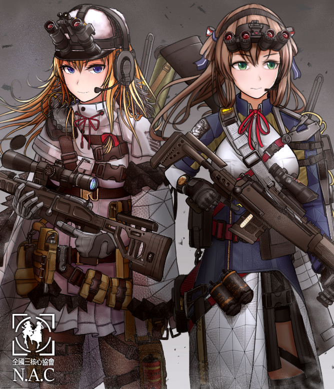 2girls, acog, bad_id, bad_pixiv_id, blonde_hair, blue_eyes, bolt_action, boots