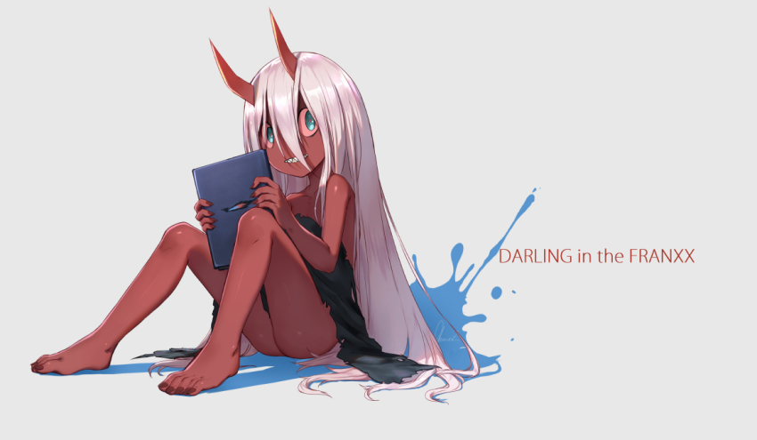 10s, 1girl, :d, aged_down, bare_legs, bare_shoulders, barefoot, black_dress, blue_eyes, colored_skin, darling_in_the_franxx, dress, female_focus, full_body, grin, hair_between_eyes, hairband, holding, horns, knees_up, long_hair, looking_at_viewer, nail_polish, observerz, oni, open_mouth, pink_hair, red_nails, red_skin, sanpaku, shaded_face, sharp_teeth, signature, smile, solo, spoilers, straight_hair, strapless, strapless_dress, tablet_pc, teeth, toenail_polish, toenails, torn_clothes, torn_dress, two-handed, two-tone_background, very_long_hair, zero_two_(darling_in_the_franxx), zero_two_(young)_(darling_in_the_franxx)
