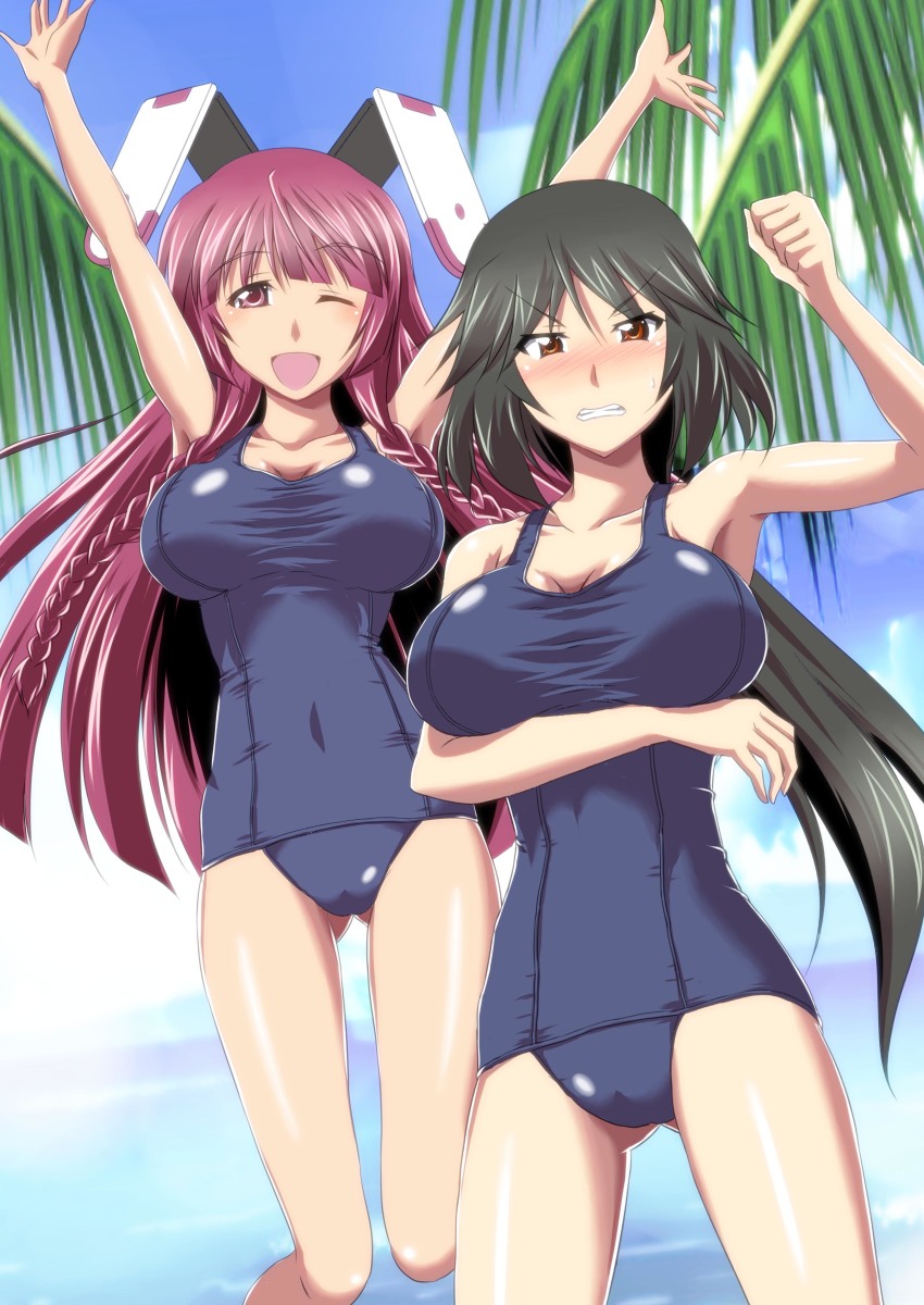 2girls, :d, absurdres, angry, animal_ears, arm_under_breasts, armpits, black_hair