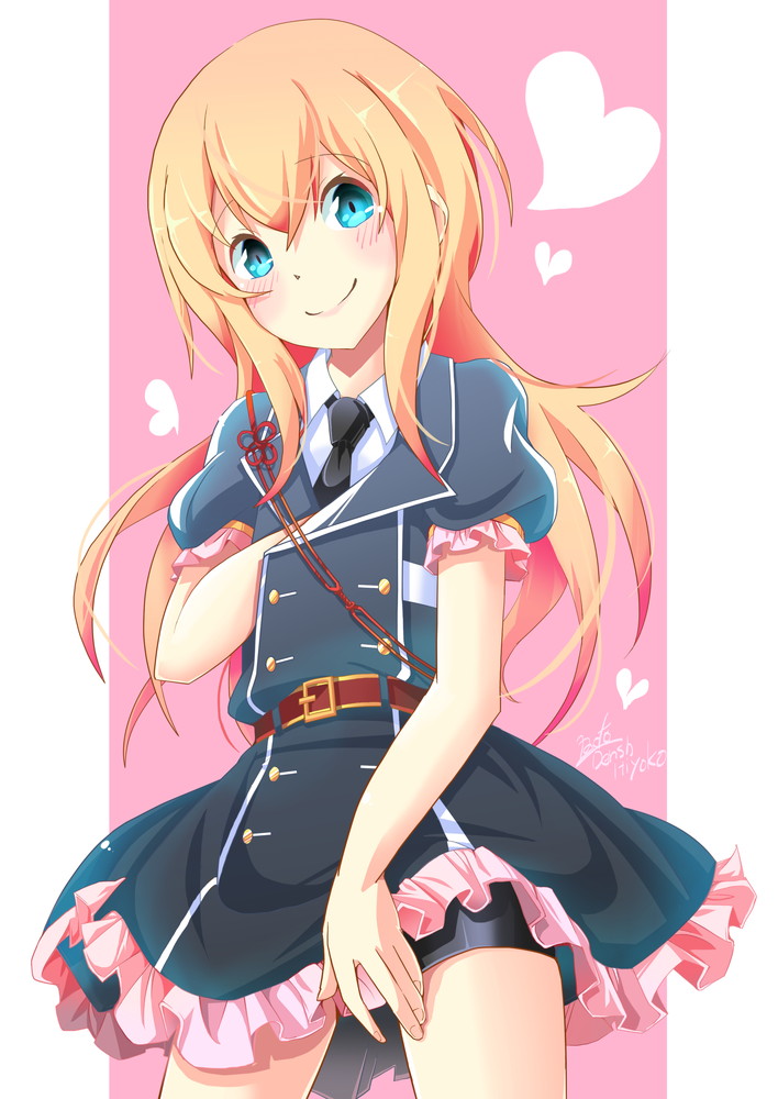 10s, 1boy, blonde_hair, blue_eyes, dress, heart, male_focus, midare_toushirou, necktie, ryoto_soukyuu, shorts, shorts_under_dress, smile, solo, touken_ranbu, trap