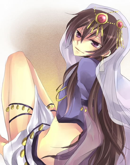 00s, alternate_hairstyle, bad_id, bad_pixiv_id, code_geass, crossdressing, crossdressing_(mtf), gypsy, karu, legs, lelouch_vi_britannia, long_hair, male_focus, midriff, purple_eyes, solo, trap, yuzuki_karu