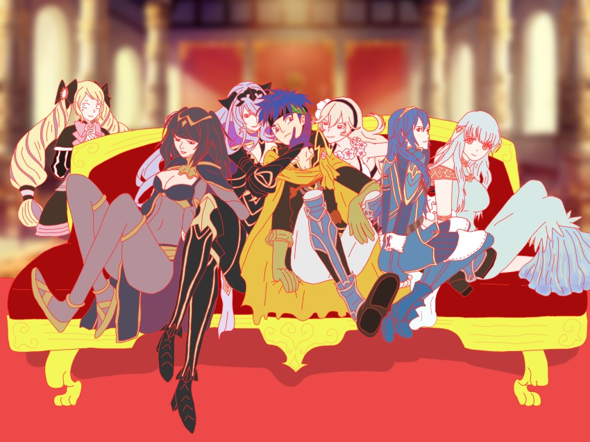 1boy, 6+girls, armor, axe, bad_id, bad_pixiv_id, bare_shoulders, bikini, black_armor, blue_hair, bodysuit, camilla_(fire_emblem), female_corrin_(fire_emblem), cosplay, dress, elise_(fire_emblem), fire_emblem, fire_emblem:_path_of_radiance, fire_emblem:_the_blazing_blade, fire_emblem_awakening, fire_emblem_fates, fire_emblem_heroes, flat_color, greil, greil_(cosplay), hair_ornament, hair_over_one_eye, highres, ike_(fire_emblem), indoors, lips, long_hair, lucina_(fire_emblem), mimic_yous, multiple_girls, ninian_(fire_emblem), nintendo, open_mouth, purple_eyes, purple_hair, short_hair, smile, swimsuit, tharja_(fire_emblem), tiara, very_long_hair, wavy_hair, weapon