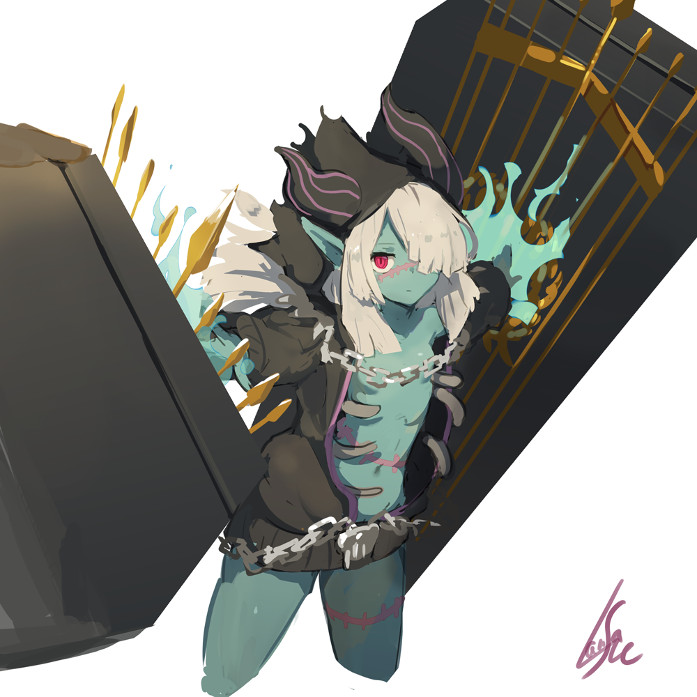 1girl, black_hoodie, colored_skin, commentary, convenient_censoring, cropped_legs, english_commentary, etrian_odyssey