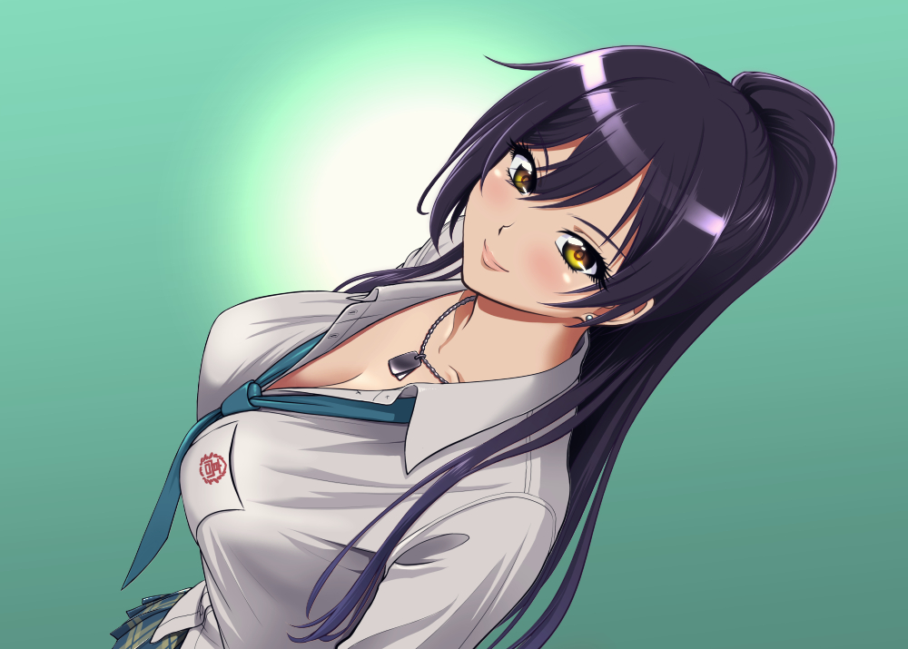 1girl, black_hair, blush, breasts, cleavage, collarbone, dog_tags, earrings