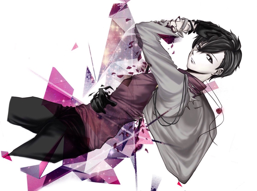 1boy, bad_id, bad_pixiv_id, black_eyes, black_gloves, black_hair, black_pants, caligula_(game)