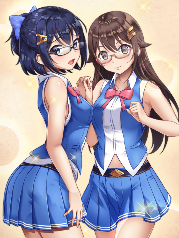 2girls, a-chan_(hololive), black_eyes, black_hair, blouse, blue_bow, blue_skirt, blush