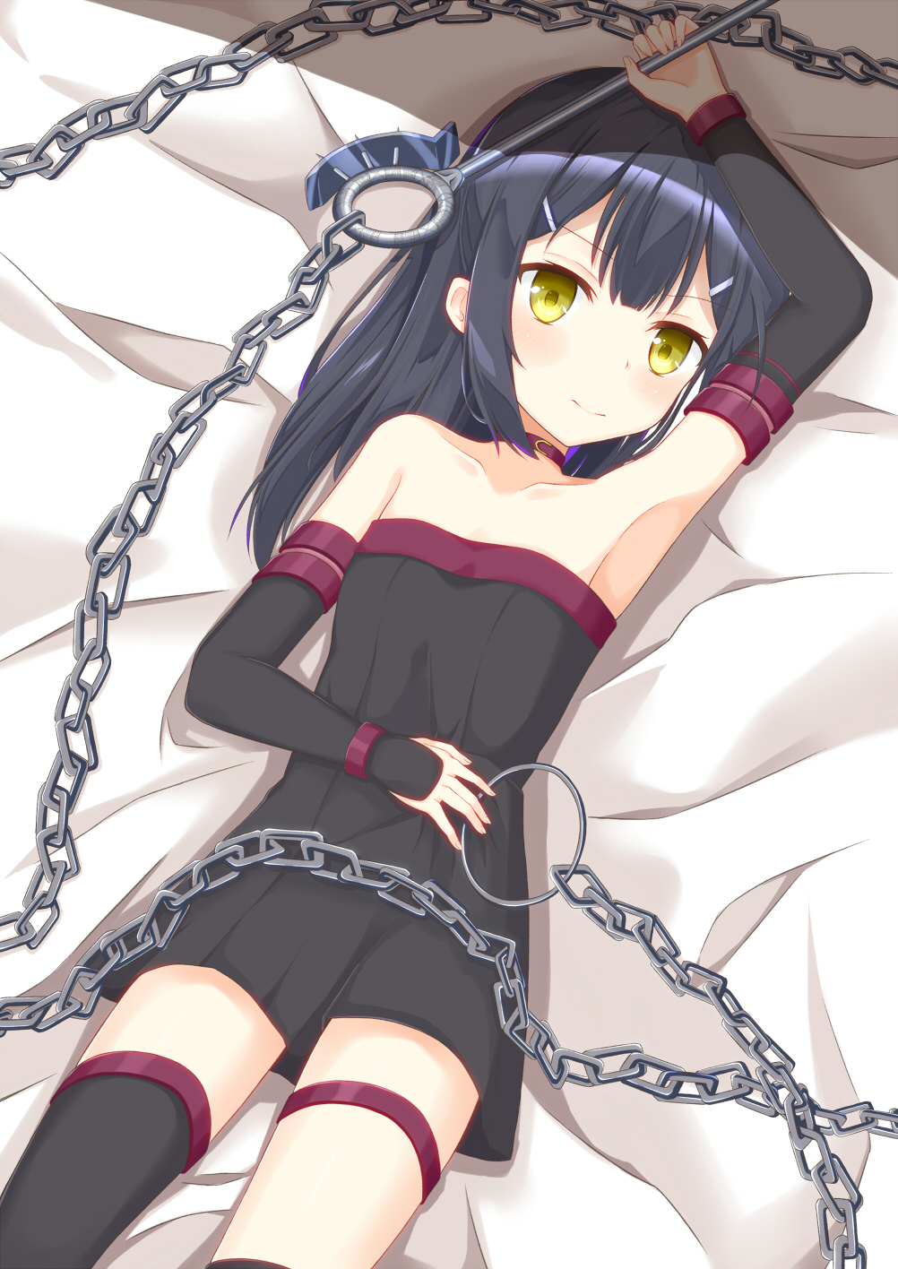 1girl, arm_up, armpits, aroma0501, asymmetrical_legwear, bare_shoulders, bed_sheet, black_dress, black_hair, black_thighhighs, blush, breasts, chain, child, closed_mouth, collarbone, commentary_request, cosplay, detached_sleeves, dress, fate/kaleid_liner_prisma_illya, fate/stay_night, fate_(series), female_focus, fingernails, hair_between_eyes, highres, holding, long_hair, long_sleeves, looking_at_viewer, lying, medusa_(fate), medusa_(rider)_(fate), medusa_(rider)_(fate)_(cosplay), miyu_edelfelt, miyu_edelfelt_(rider_install), nameless_dagger_(fate), on_back, sidelocks, sleeves_past_wrists, small_breasts, solo, strapless, strapless_dress, thighhighs, uneven_legwear, yellow_eyes
