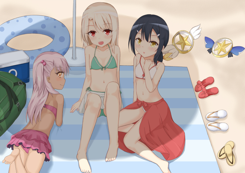 3girls, :d, aroma0501, ass, bare_arms, bare_shoulders, barefoot, bikini, black_hair, blanket, blush, brown_eyes, brown_footwear, chloe_von_einzbern, closed_mouth, commentary_request, dark-skinned_female, dark_skin, day, fate/kaleid_liner_prisma_illya, fate_(series), feet, flip-flops, front-tie_bikini_top, front-tie_top, green_bikini, hair_bobbles, hair_ornament, highres, illyasviel_von_einzbern, innertube, leg_up, light_brown_hair, long_hair, lying, miyu_edelfelt, multiple_girls, on_stomach, one_side_up, open_mouth, outdoors, parted_lips, pink_bikini, pink_hair, polka_dot, polka_dot_innertube, red_eyes, red_footwear, sandals, sarong, side-tie_bikini_bottom, sitting, smile, soles, star_(symbol), swim_ring, swimsuit, toenails, toes, white_bikini, white_footwear