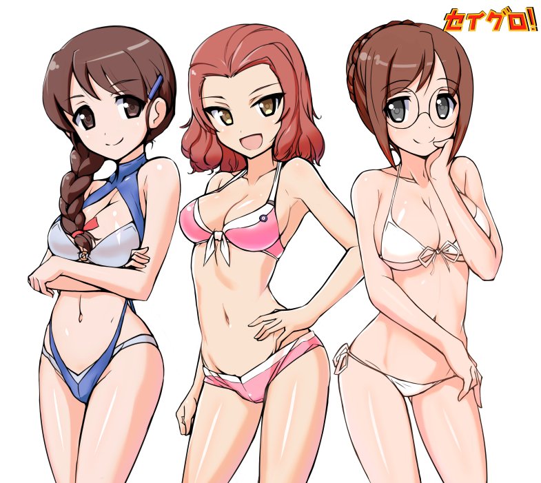10s, 3girls, aegis_(theoryiv), bikini, black_eyes, braid, breasts, brown_eyes