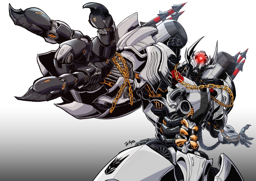 1boy, chain, chain_necklace, claws, commentary_request, decepticon, gradient_background, highres
