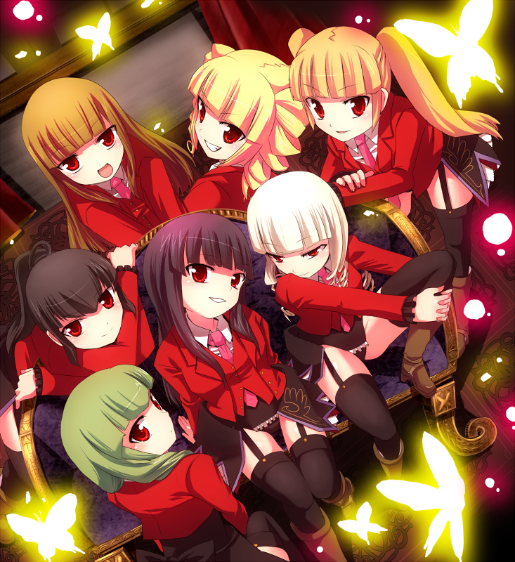 00s, 6+girls, aro, asmodeus_(umineko), beelzebub_(umineko), belphegor_(umineko), bug, butterfly, insect, leviathan_(umineko), lucifer_(umineko), mammon_(umineko), multiple_girls, necktie, pink_necktie, satan_(umineko), stakes_of_purgatory, thighhighs, umineko_no_naku_koro_ni, ya_(pixiv)