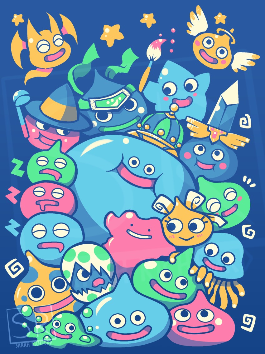 ^_^, blue_background, blush, blush_stickers, character_request, closed_eyes, creature, crossover