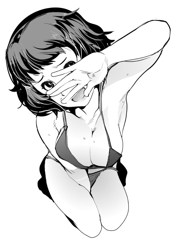 10s, 1girl, armpits, bikini, black_hair, blush, breasts, brown_eyes, brown_hair, cleavage, female_focus, greyscale, kawakami_sadayo, kneeling, looking_at_viewer, medium_breasts, monochrome, open_mouth, persona, persona_5, short_hair, smile, solo, sweat, swimsuit, uchiuchi_keyaki