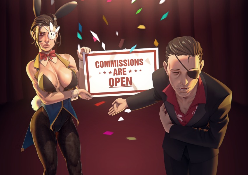 1boy, 1girl, absurdres, animal_ears, artist_self-insert, bare_shoulders, black_legwear, bowing