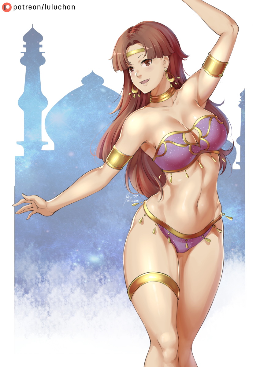 1girl, absurdres, artist_name, bare_shoulders, bracelet, breasts, brown_eyes, brown_hair, circlet, cleavage, dancer, dated, earrings, female_focus, heart, highres, jewelry, large_breasts, lingerie, long_hair, lulu-chan92, midriff, navel, necklace, open_mouth, patreon_username, plum_(tear_ring_saga), smile, solo, tear_ring_saga, tear_ring_saga:_yutona_eiyuu_senki, underwear, white_background