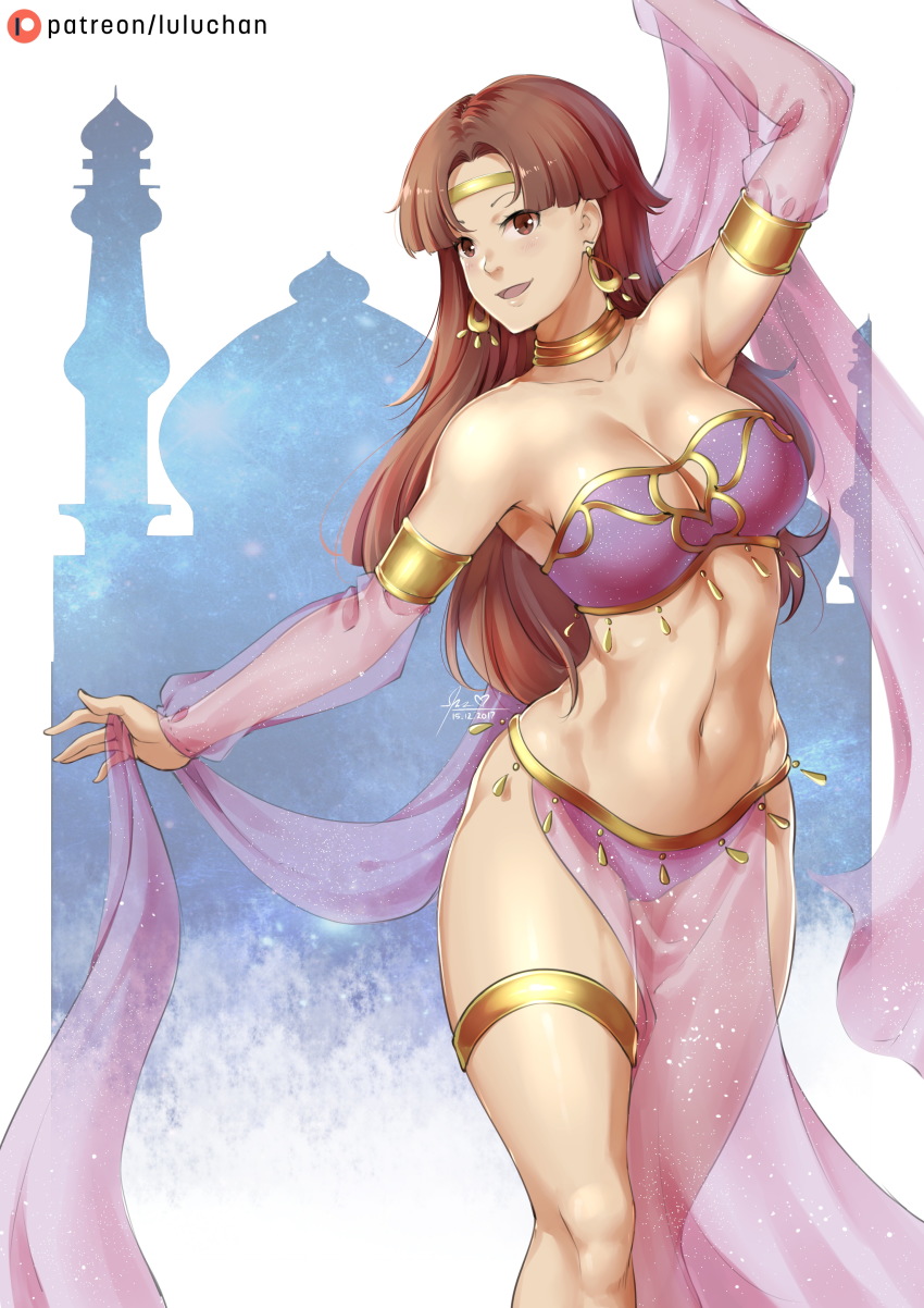 1girl, absurdres, armpits, artist_name, bare_shoulders, belly_dancer, bracelet, breasts, brown_eyes, brown_hair, circlet, cleavage, dancer, dated, earrings, female_focus, heart, highres, jewelry, large_breasts, long_hair, lulu-chan92, midriff, navel, necklace, open_mouth, patreon_username, plum_(tear_ring_saga), solo, tear_ring_saga, tear_ring_saga:_yutona_eiyuu_senki, white_background
