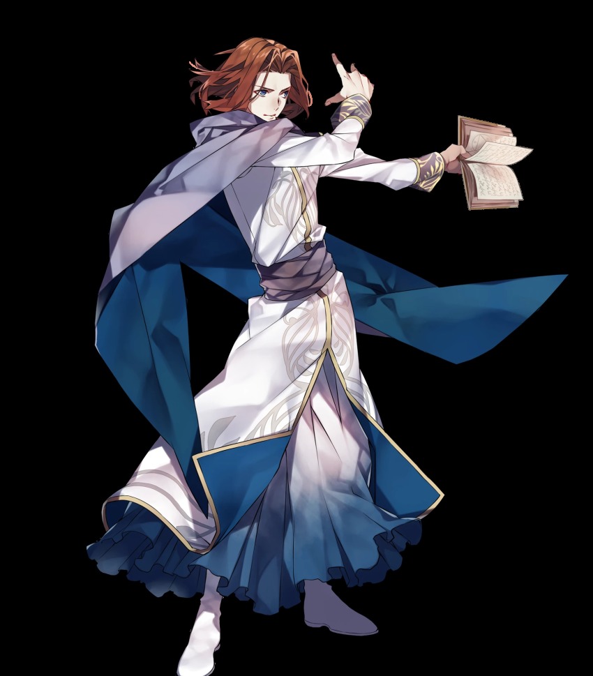 1boy, blue_cape, blue_eyes, book, cape, collar, fire_emblem, fire_emblem:_thracia_776