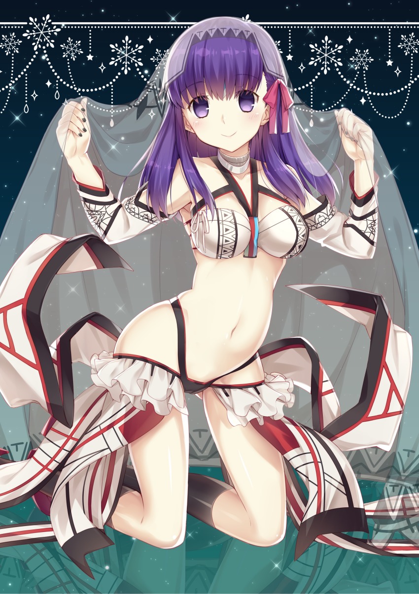 1girl, absurdres, altera_(fate), altera_the_santa_(fate), altera_the_santa_(fate)_(cosplay), black_nails, black_socks, blush, bow, breasts, choker, closed_mouth, cosplay, detached_sleeves, fate/grand_order, fate/stay_night, fate_(series), female_focus, fingernails, hair_between_eyes, hair_bow, hair_ribbon, highres, kneehighs, kneeling, long_hair, long_sleeves, looking_at_viewer, matou_sakura, medium_breasts, nail_polish, navel, ouhina, pink_bow, purple_eyes, purple_hair, red_footwear, revealing_clothes, ribbon, see-through_clothes, smile, snowflakes, socks, solo, veil