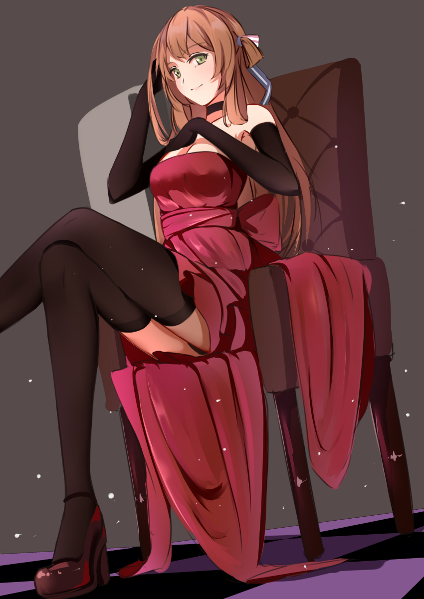 1girl, absurdres, alternate_costume, armpits, bad_id, bad_pixiv_id, black_choker, black_gloves, black_legwear, black_panties, blush, breasts, brown_footwear, brown_hair, chair, choker, cleavage, crossed_legs, dress, elbow_gloves, female_focus, from_below, girls'_frontline, gloves, green_eyes, hair_between_eyes, hair_rings, hand_in_own_hair, hand_on_own_chest, high_heels, highres, kanryourei, large_breasts, light_particles, long_hair, looking_at_viewer, panties, pantyshot, ponytail, red_dress, ribbon, sash, sidelocks, simple_background, sitting, smile, solo, springfield_(girls'_frontline), thighs, underwear