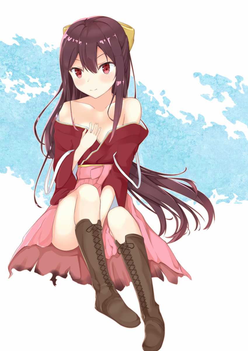 1girl, aroma0501, bare_shoulders, between_legs, blush, boots, bow, brown_boots