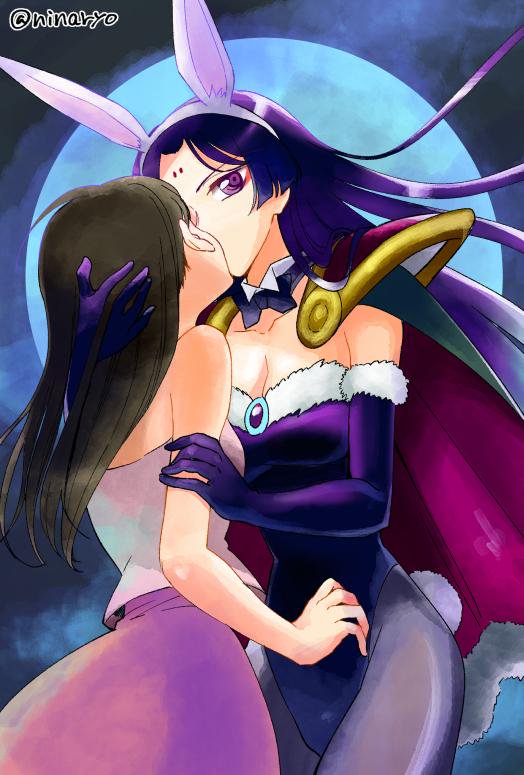 2girls, animal_ears, artist_name, bare_shoulders, breasts, brown_hair, cape, cleavage