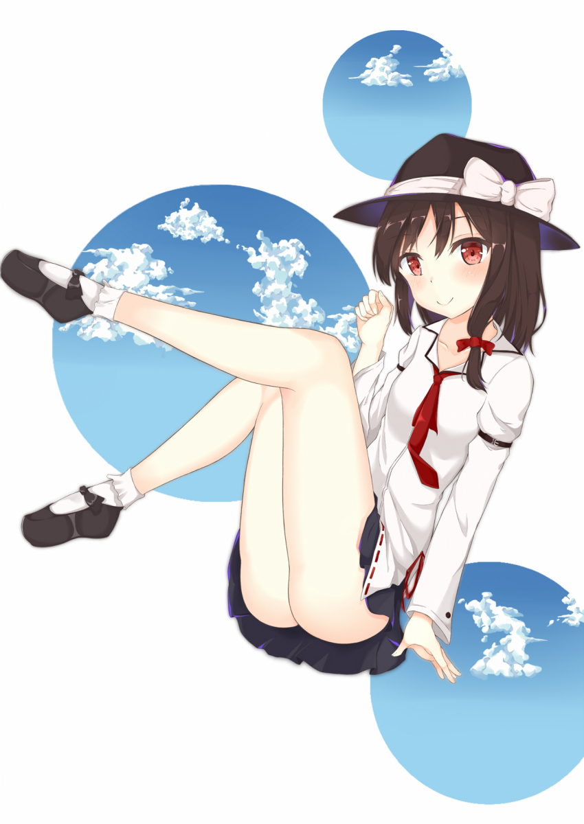 1girl, aroma0501, black_hat, black_shoes, black_skirt, blue_sky, blush, bobby_socks