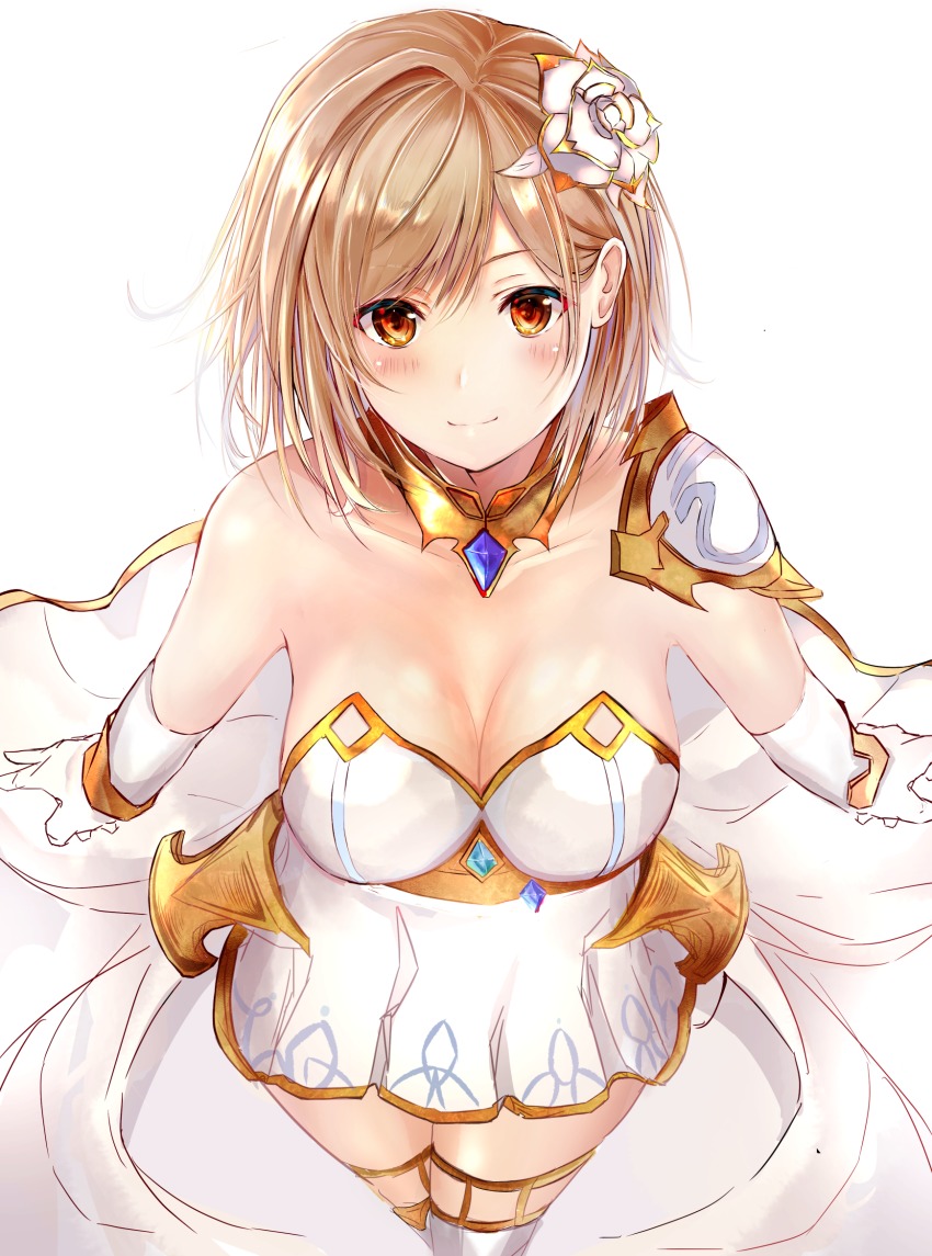 1girl, armor, bare_shoulders, blonde_hair, blush, breasts, brown_eyes, cleavage