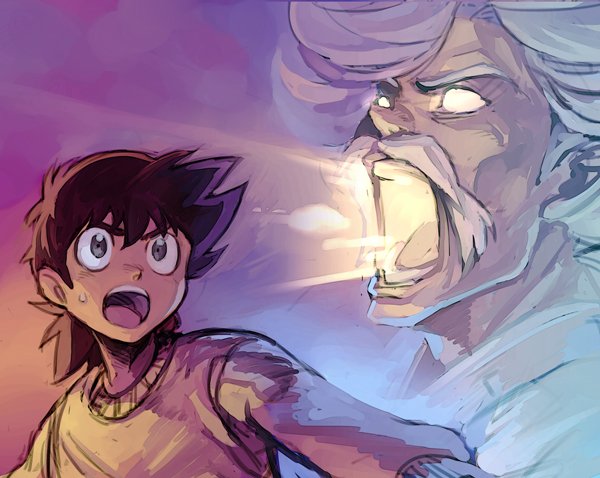 2boys, ajiyoshi_yoichi, brown_hair, commentary_request, facial_hair, glowing, glowing_eyes, glowing_mouth, grey_eyes, hungry_clicker, long_sleeves, male_focus, mister_ajikko, multiple_boys, murata_genjiro, mustache, old, old_man, open_mouth, projected_inset, sweatdrop, sweater, white_hair, wide-eyed