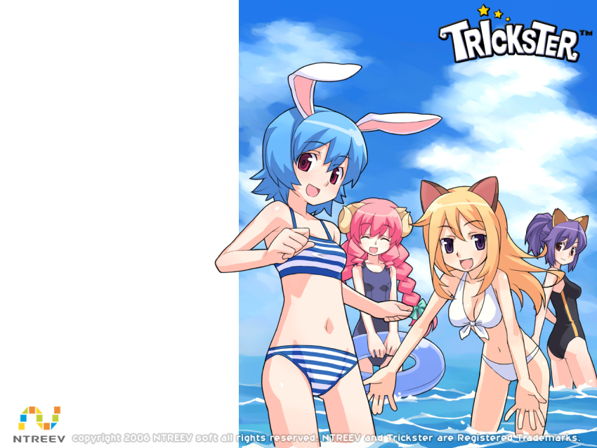 10s, 4girls, animal_ears, bikini, blonde_hair, blue_hair, braid, breasts