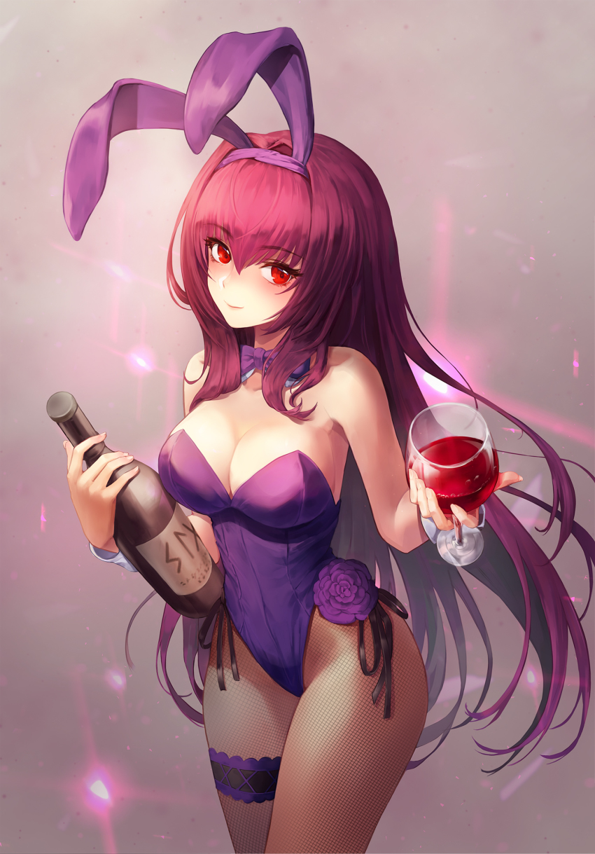 1girl, alcohol, animal_ears, bad_id, bad_pixiv_id, bare_arms, bare_shoulders, black_ribbon, bottle, bow, breasts, brown_pantyhose, cleavage, closed_mouth, collarbone, cup, cupping_glass, detached_collar, drinking_glass, fake_animal_ears, fate/grand_order, fate_(series), female_focus, fishnet_pantyhose, fishnets, frilled_thigh_strap, glowing, gradient_background, grey_background, hairband, highleg, highleg_leotard, highres, holding, holding_bottle, holding_cup, holding_drinking_glass, japanese_clothes, kimono, kone_(user_rcvz8745), large_breasts, leotard, long_hair, looking_at_viewer, official_alternate_costume, pantyhose, playboy_bunny, purple_bow, purple_hairband, purple_leotard, purple_neckwear, rabbit_ears, ribbon, scathach_(fate), scathach_(piercing_bunny)_(fate), side-tie_leotard, sidelocks, smile, solo, strapless, strapless_leotard, thigh_strap, very_long_hair, wine, wine_bottle, wine_glass, wrist_cuffs