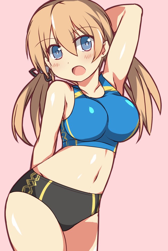 1girl, alternate_costume, aqua_eyes, black_buruma, blonde_hair, buruma, cowboy_shot, female_focus