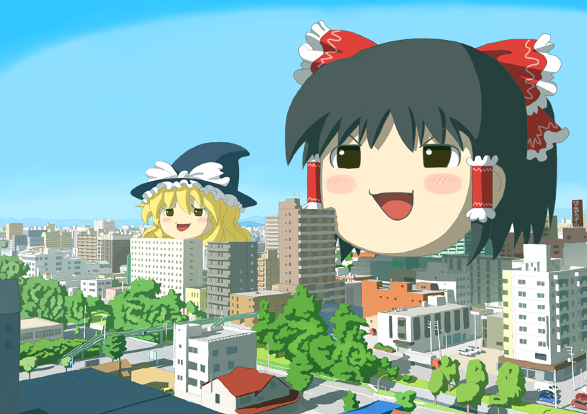 2girls, allen, armageddon, city, cityscape, female_focus, hakurei_reimu, hat, kirisame_marisa, multiple_girls, nature, outdoors, plant, scenery, sky, touhou, yukkuri_shiteitte_ne