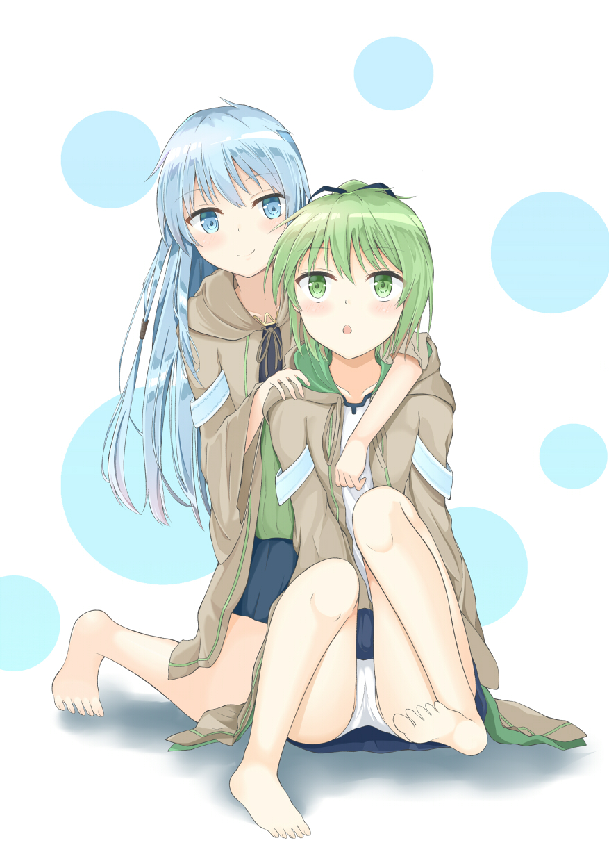 2girls, :o, aroma0501, bare_legs, barefoot, black_ribbon, blue_eyes, blue_hair