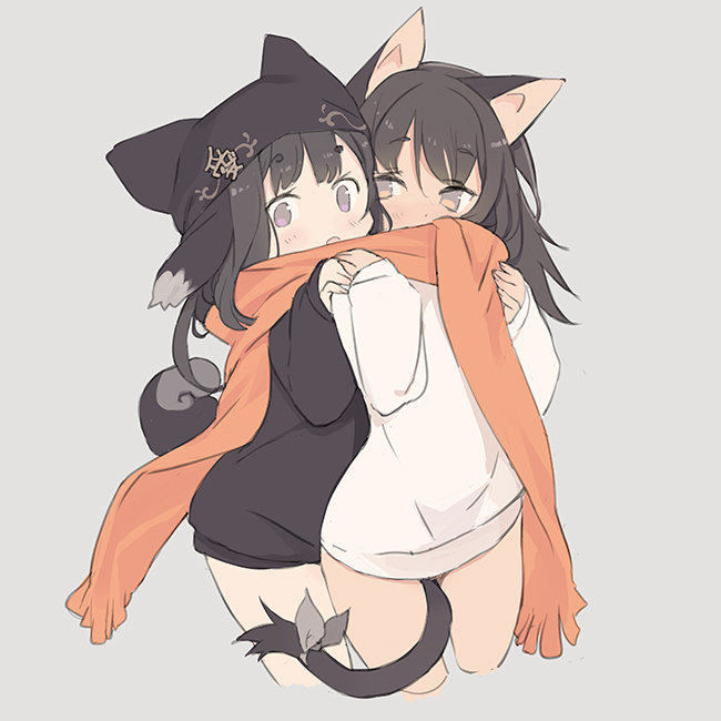 2girls, :o, animal_ears, animal_hat, between_legs, black_hair, black_hat, black_shirt