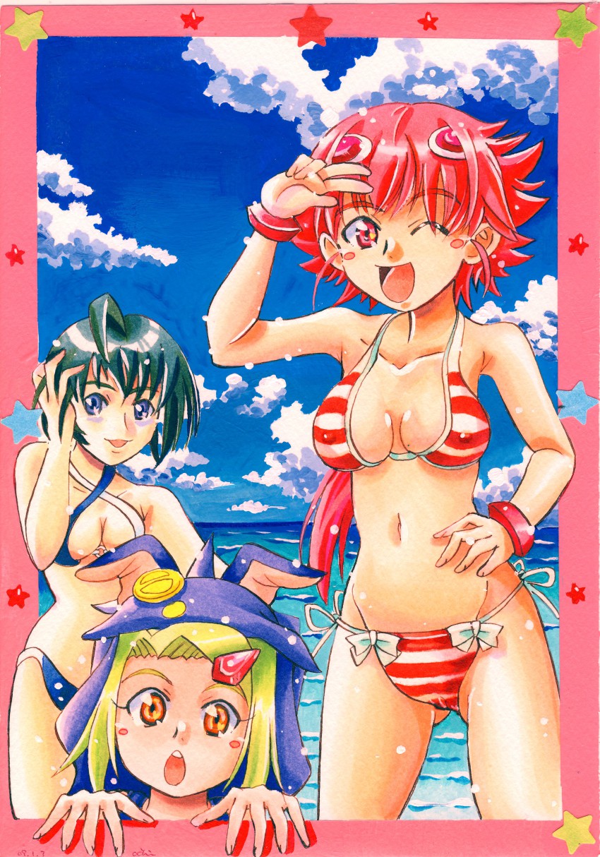 00s, 3girls, absurdres, ahoge, bikini, blue_eyes, bracelet, breasts