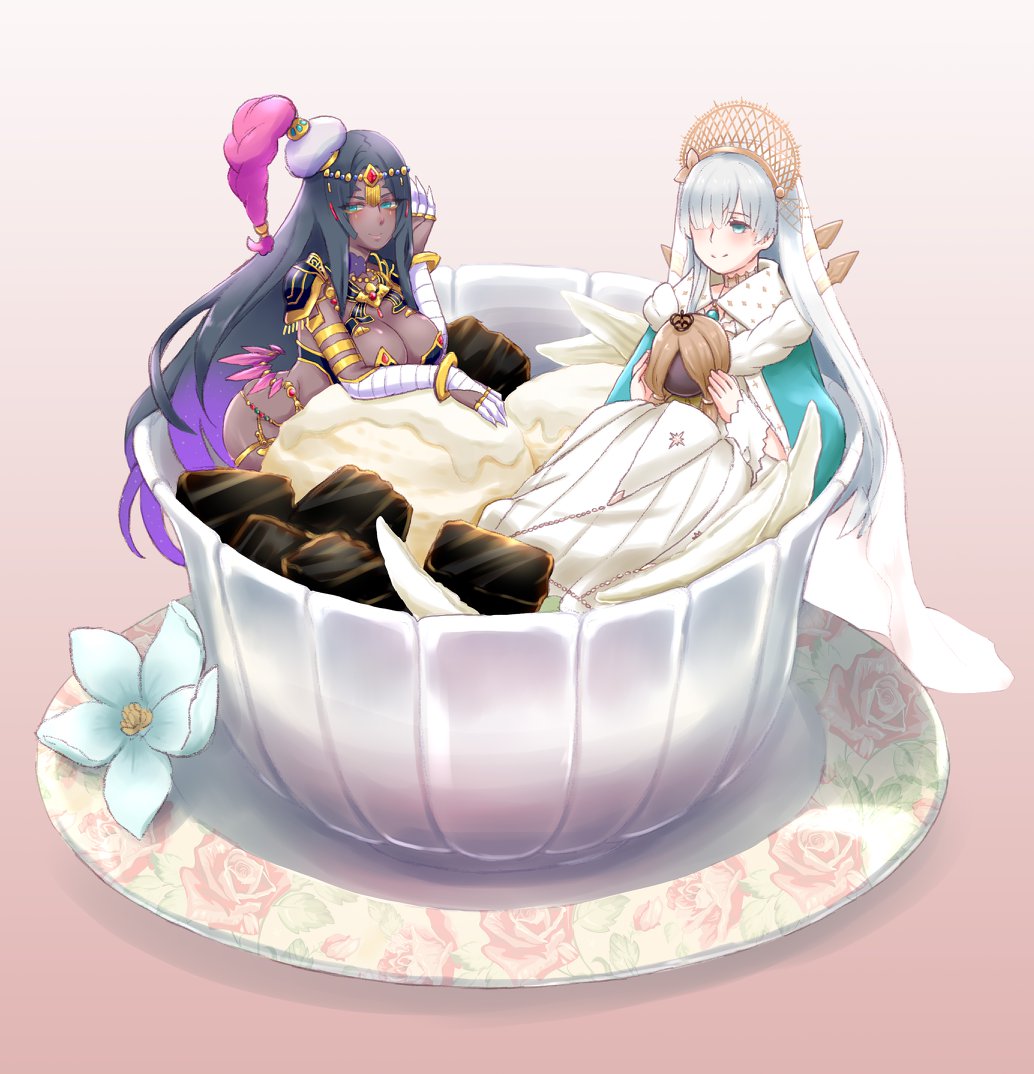 2girls, anastasia_(fate), anastasia_(third_ascension)_(fate), armor, cape, circlet, dark-skinned_female, dark_skin, doll, fate/grand_order, fate_(series), flower, food, hat, ice_cream, multicolored_hair, multiple_girls, oversized_object, royal_robe, saucer, scheherazade_(fate), scheherazade_(third_ascension)_(fate), simple_background, white_hair
