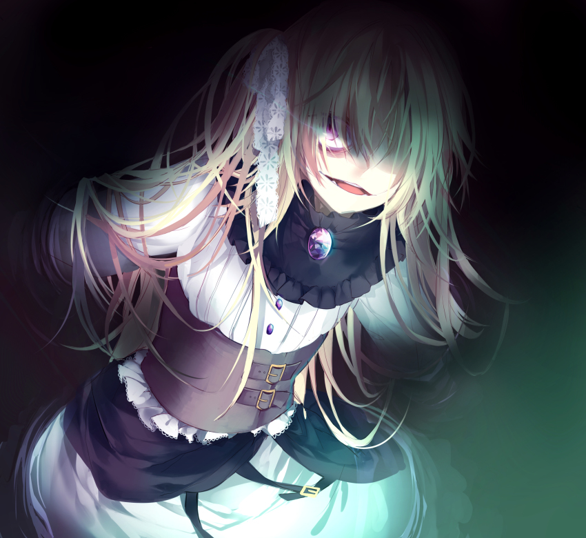 1girl, blonde_hair, creepy_eyes, crystal, female_focus, glowing, hair_over_one_eye, highres