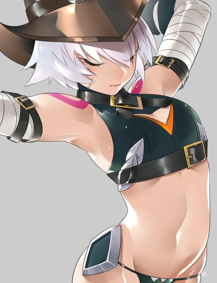 1girl, arm_belt, armpits, arms_up, bandaged_arm, bandages, bare_shoulders, black_panties, closed_eyes, closed_mouth, commentary, cowboy_hat, facial_scar, fate/apocrypha, fate/grand_order, fate_(series), female_focus, grey_background, hat, highres, hikizan, jack_the_ripper_(fate/apocrypha), lips, navel, panties, scar, scar_across_eye, scar_on_cheek, scar_on_face, shiny_skin, short_hair, shoulder_tattoo, silver_hair, simple_background, solo, stomach, tattoo, underwear