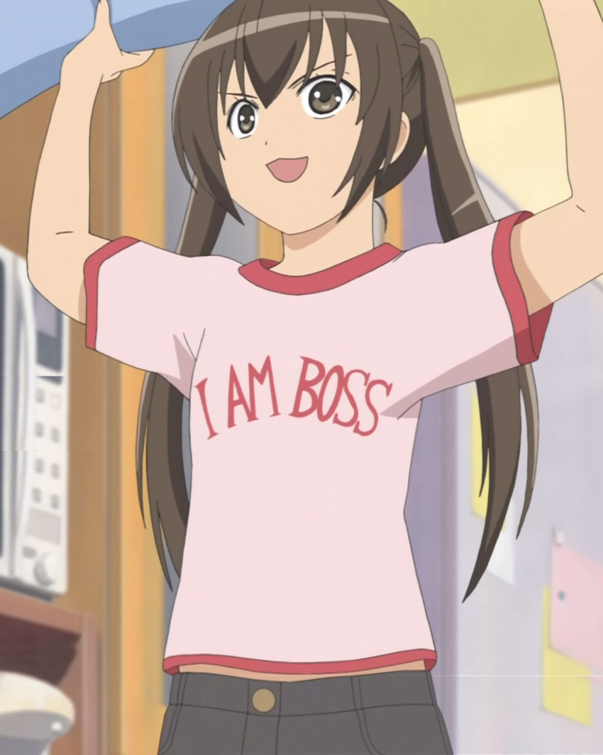>:d, 00s, 1girl, :d, anime_screenshot, arms_up, brown_eyes, brown_hair, chestnut_mouth, female_focus, flat_chest, highres, i_am_boss, long_hair, magnet, microwave, minami-ke, minami_kana, open_mouth, pants, pink_shirt, refrigerator, shelf, shirt, smile, solo, stitched, third-party_edit, twintails, v-shaped_eyebrows