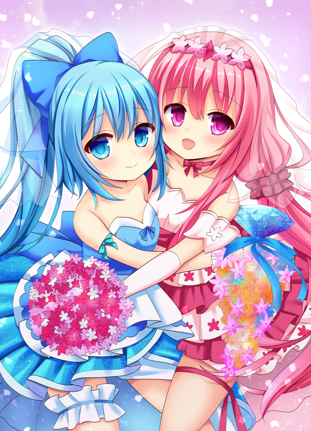 2girls, :d, armband, bare_shoulders, blue_bow, blue_dress, blue_eyes, blue_hair